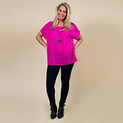 TAMSY High Low Scoop Neck Linen Top With Free Necklace, (Fits Size 8-16 ) - Black