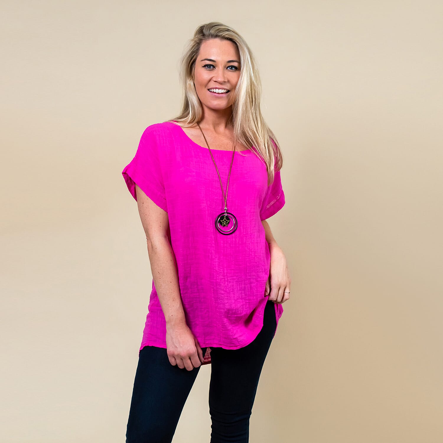 TAMSY High Low Scoop Neck Linen Top With 30 Inch Necklace (Fits Size 8-16) - Hot Pink