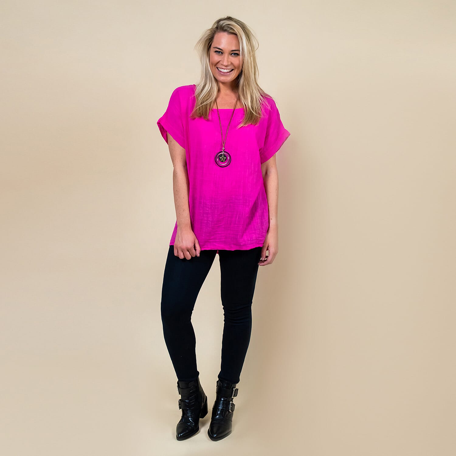 TAMSY High Low Scoop Neck Linen Top With 30 Inch Necklace (Fits Size 8-16) - Hot Pink