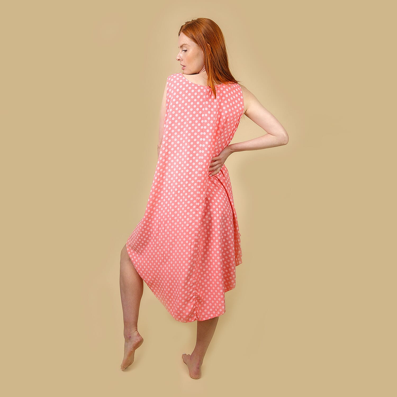 NOVA of London Polka Dot Asymmetric Hem Dress (Size up to 20) - Coral & White