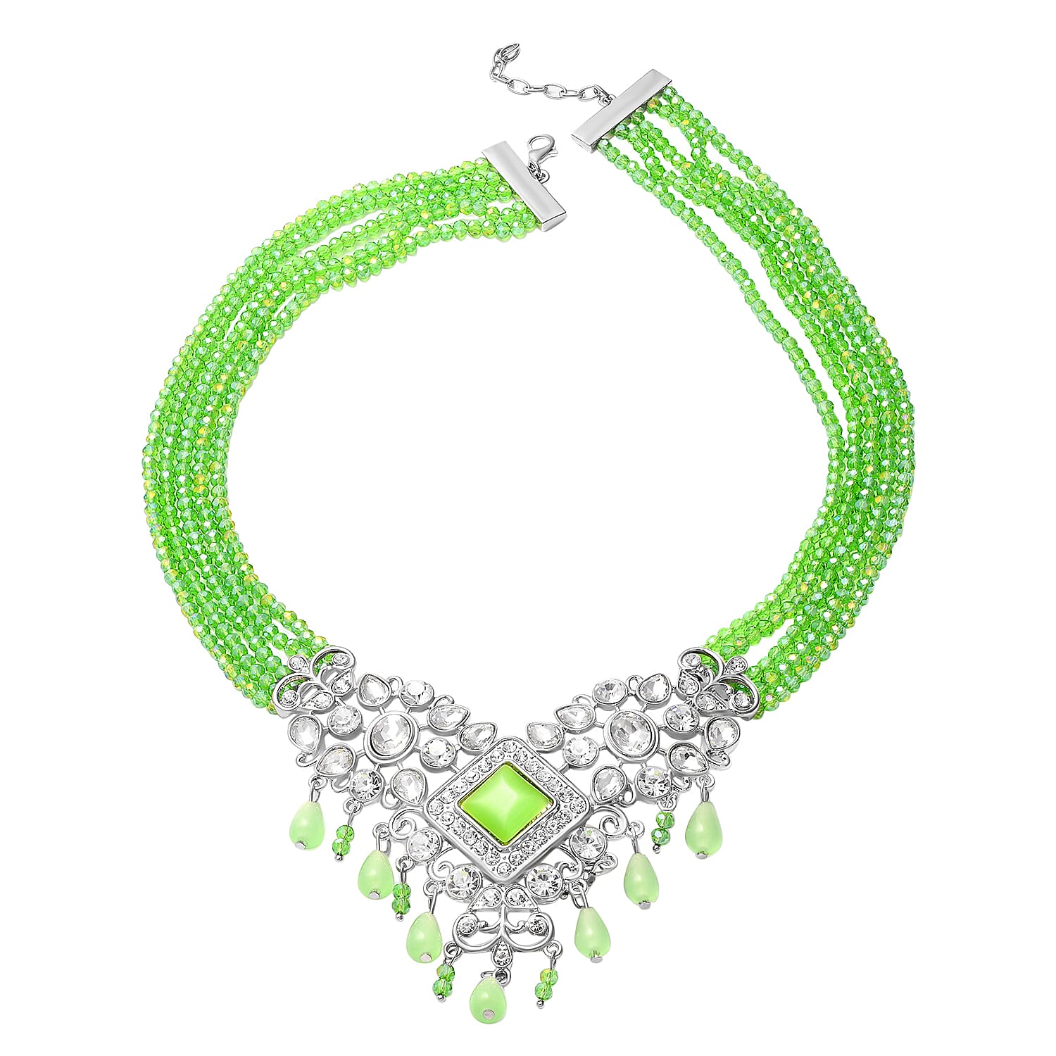 Green Cat Eye, White Austrian Crystal, Simulated Diamond and Green Colour Beads Necklace (Size 22) in Silver Tone