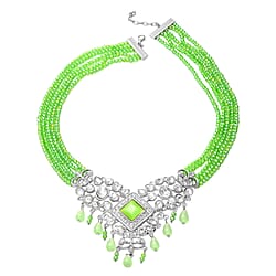 Green Cat Eye, White Austrian Crystal, Simulated Diamond and Green Colour Beads Necklace (Size 22) in Silver Tone