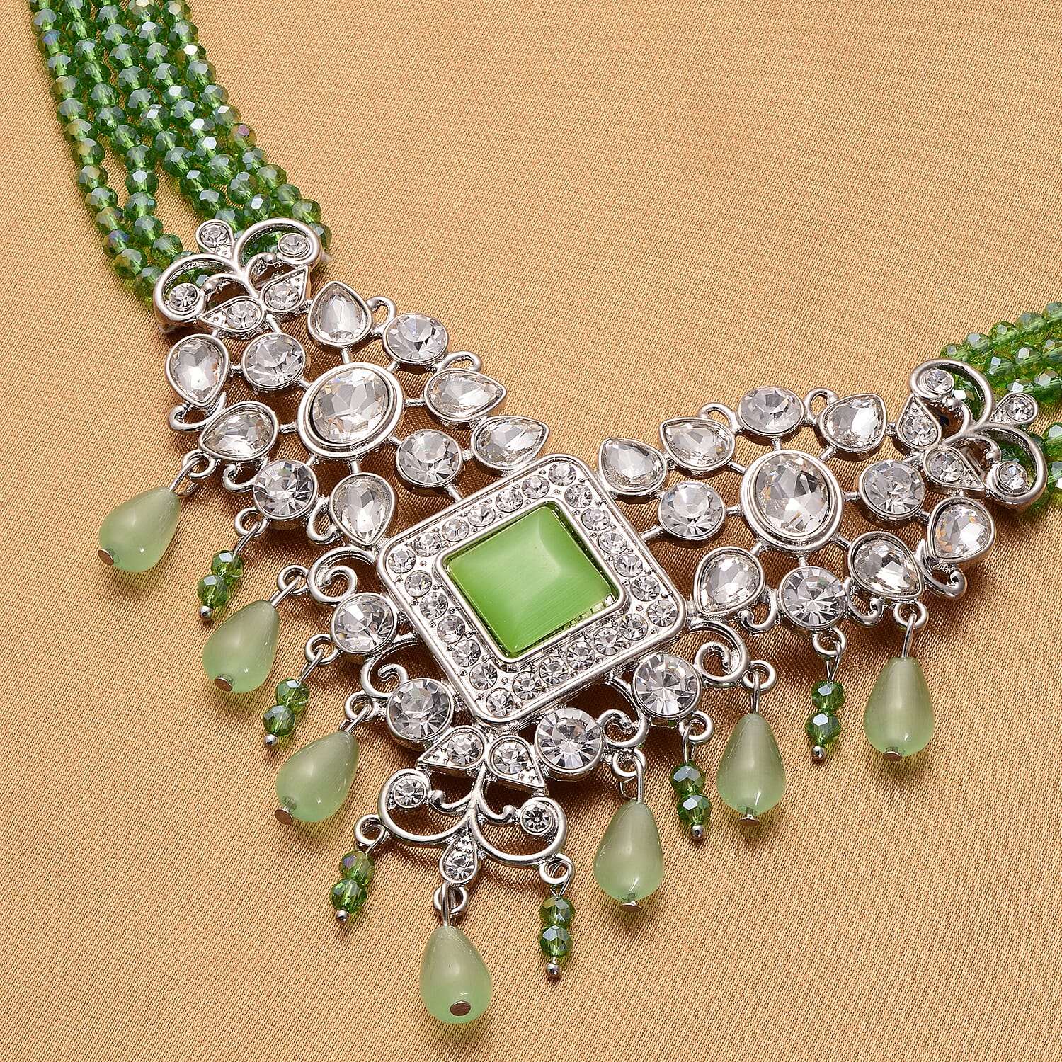 Green Cat Eye, White Austrian Crystal, Simulated Diamond and Green Colour Beads Necklace (Size 22) in Silver Tone