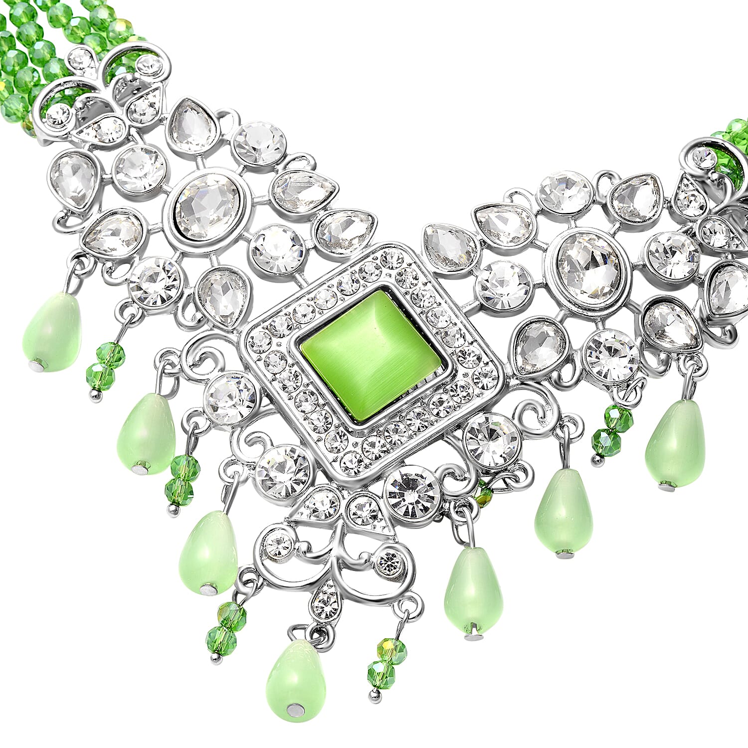 Green Cat Eye, White Austrian Crystal, Simulated Diamond and Green Colour Beads Necklace (Size 22) in Silver Tone
