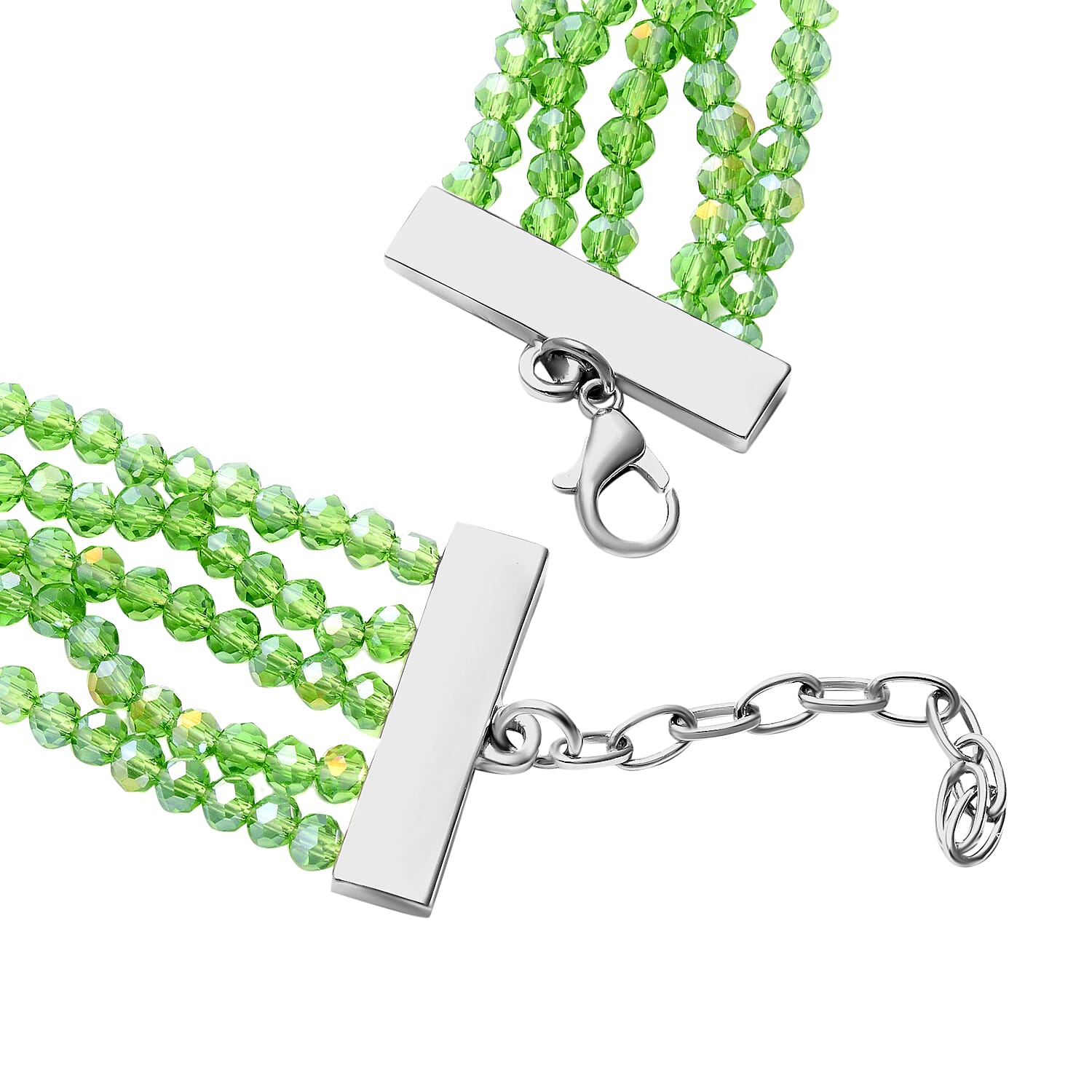 Green Cat Eye, White Austrian Crystal, Simulated Diamond and Green Colour Beads Necklace (Size 22) in Silver Tone