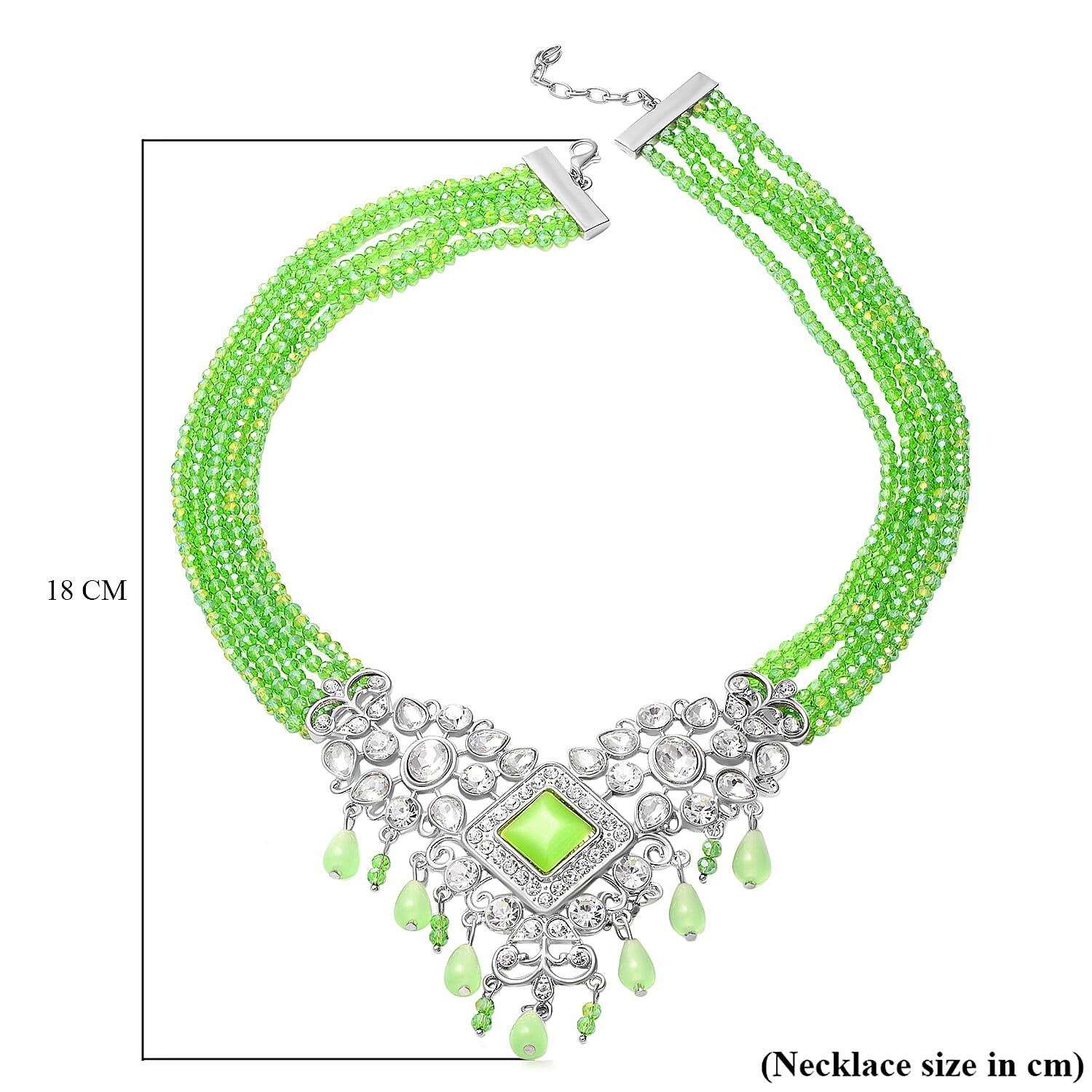 Green Cat Eye, White Austrian Crystal, Simulated Diamond and Green Colour Beads Necklace (Size 22) in Silver Tone