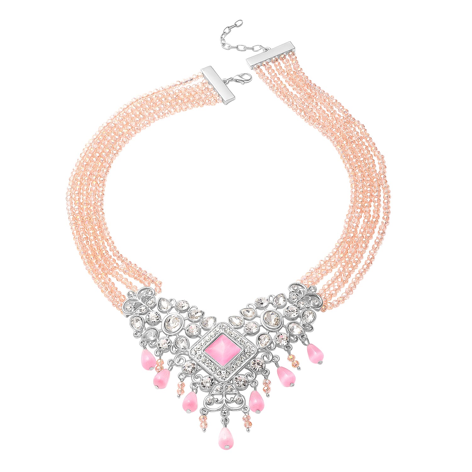 Pink Cat Eye, White Austrian Crystal, Simulated Diamond and Pink Colour Beads Necklace (Size 22) in Silver Tone