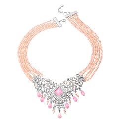 Pink Cat Eye, White Austrian Crystal, Simulated Diamond and Pink Colour Beads Necklace (Size 22) in Silver Tone