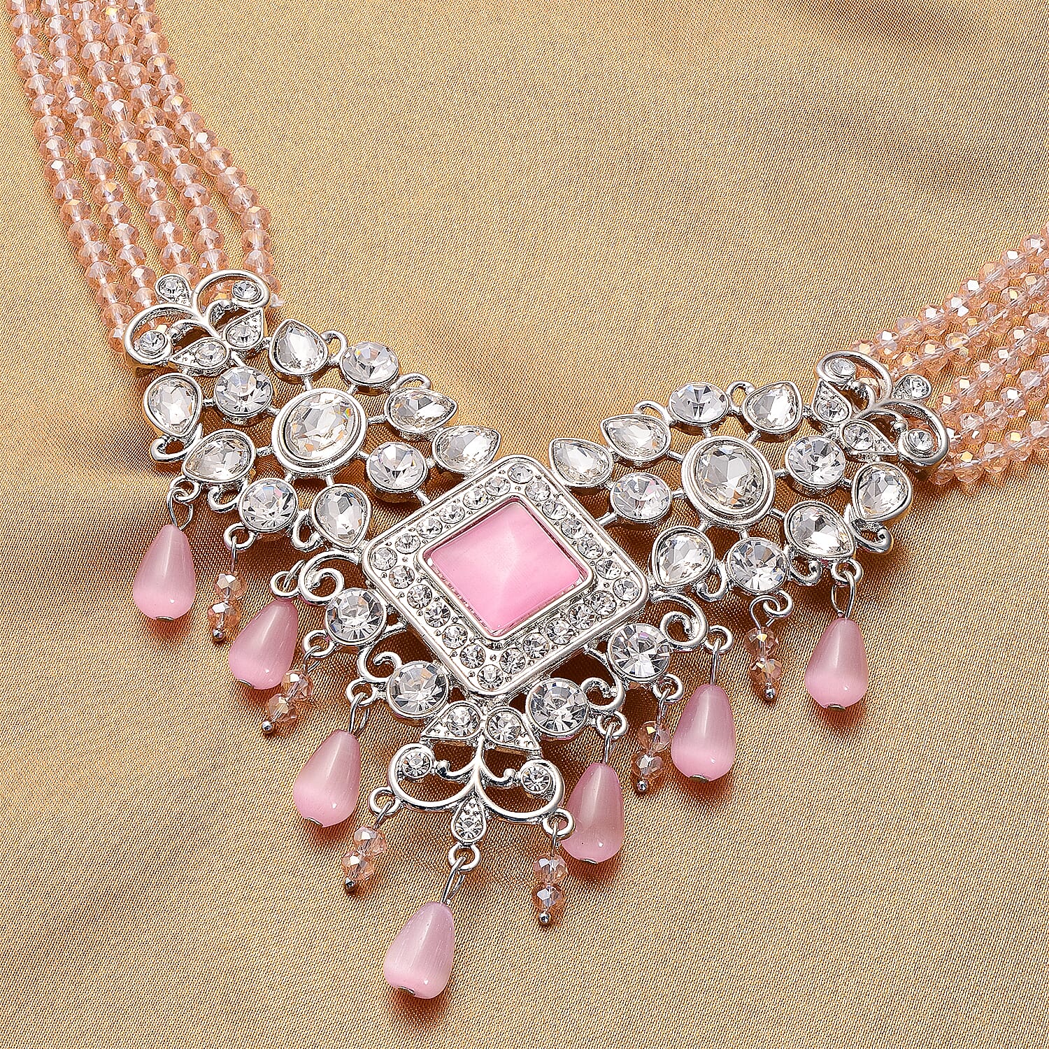 Pink Cat Eye, White Austrian Crystal, Simulated Diamond and Pink Colour Beads Necklace (Size 22) in Silver Tone