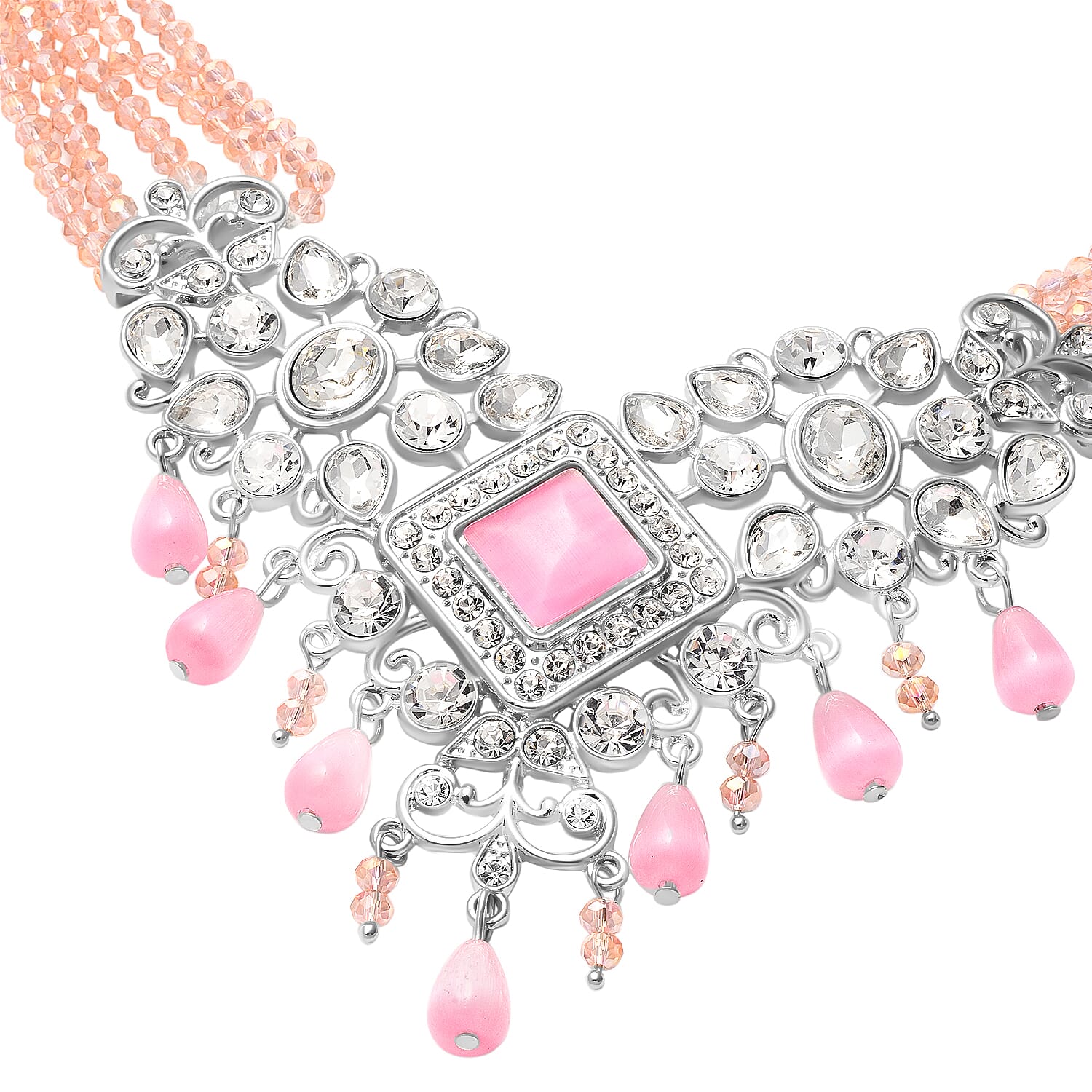Pink Cat Eye, White Austrian Crystal, Simulated Diamond and Pink Colour Beads Necklace (Size 22) in Silver Tone