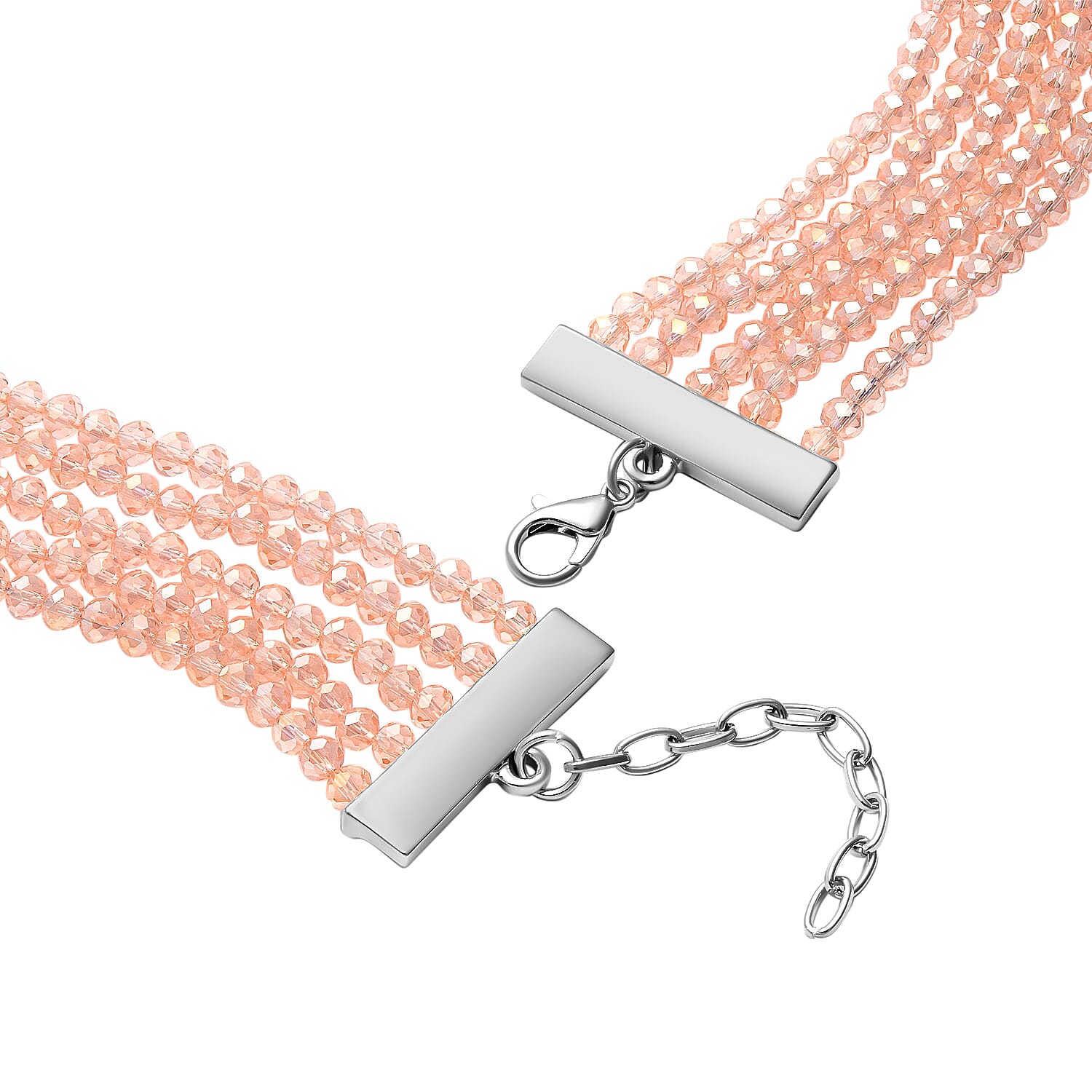 Pink Cat Eye, White Austrian Crystal, Simulated Diamond and Pink Colour Beads Necklace (Size 22) in Silver Tone