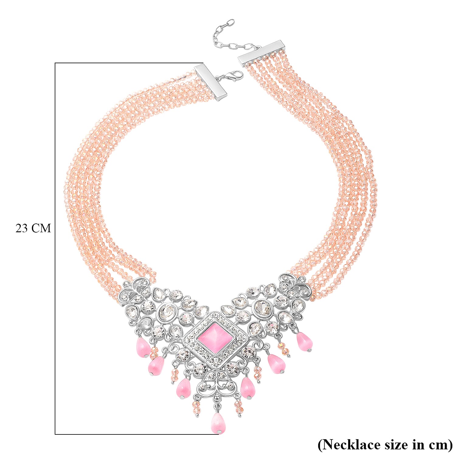 Pink Cat Eye, White Austrian Crystal, Simulated Diamond and Pink Colour Beads Necklace (Size 22) in Silver Tone