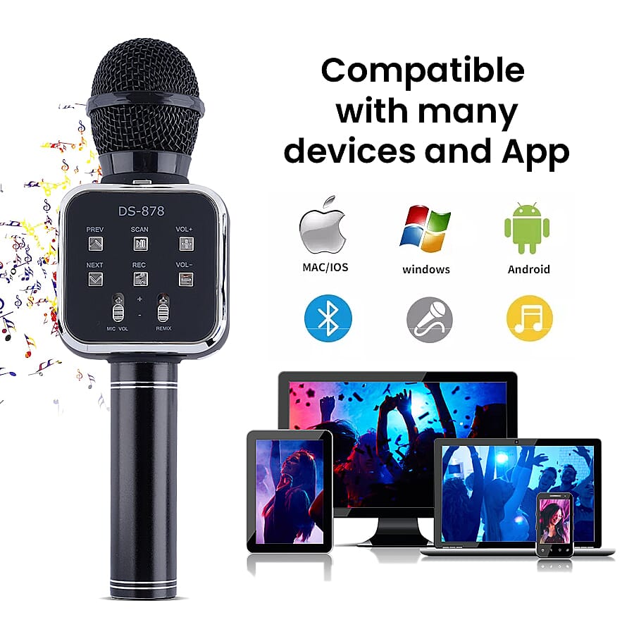 Wireless Rechargeable Karaoke Microphone with Bluetooth Speaker - Black