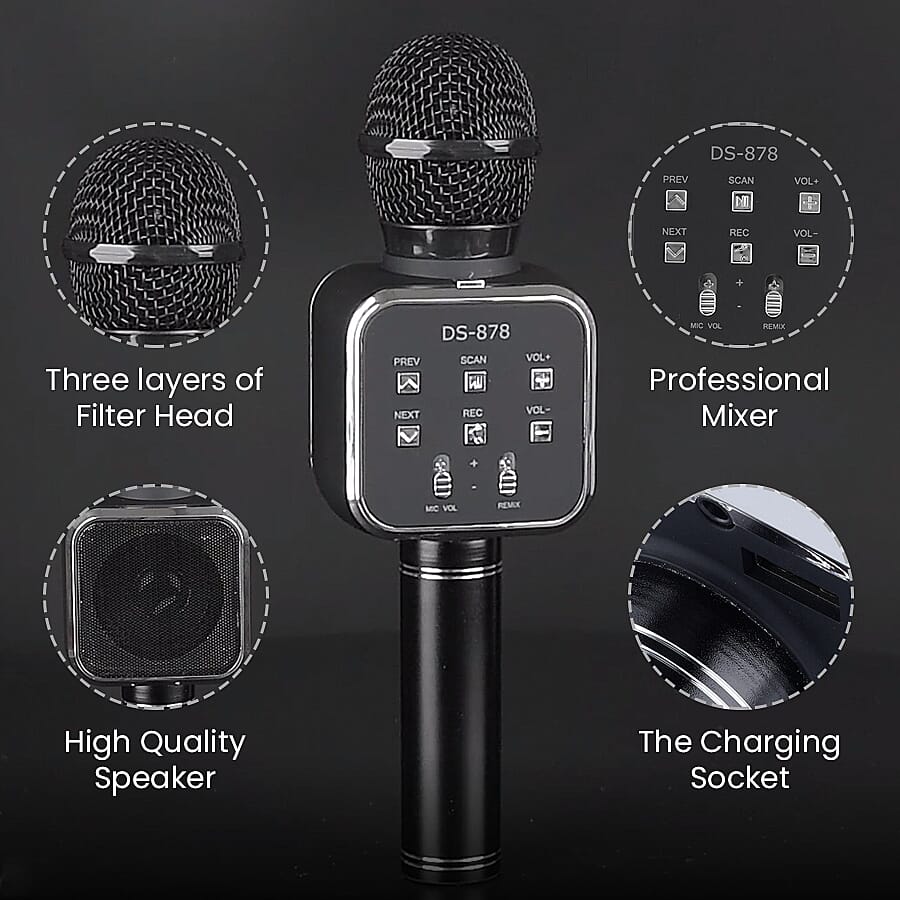 Wireless Rechargeable Karaoke Microphone with Bluetooth Speaker - Black