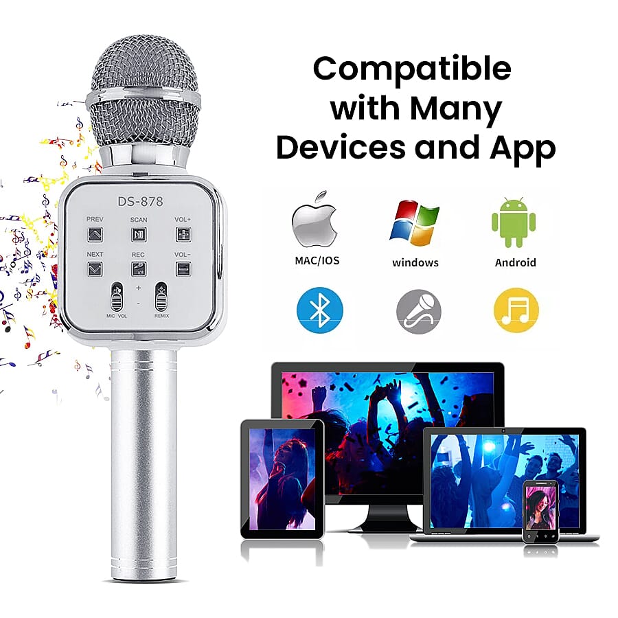 Multi Function - Rechargable Wireless Handheld Karaoke Bluetooth Microphone - Silver