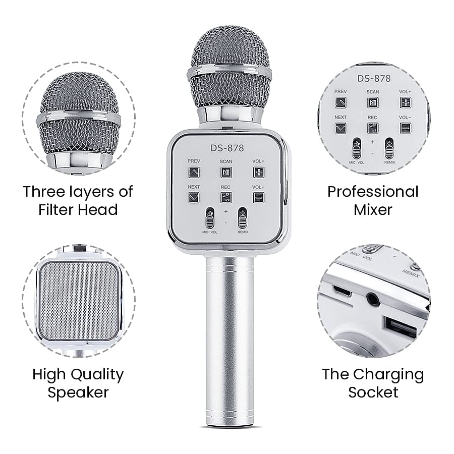 Multi Function - Rechargable Wireless Handheld Karaoke Bluetooth Microphone - Silver