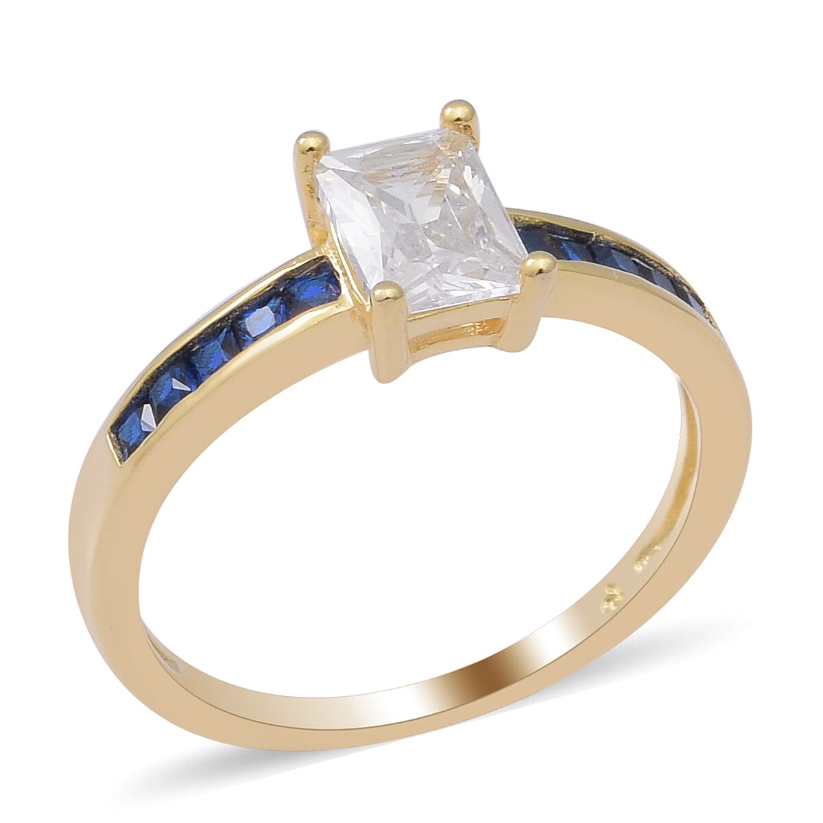 ELANZA Simulated Diamond and Simulated Blue Sapphire Ring in Yellow Gold Overlay Sterling Silver