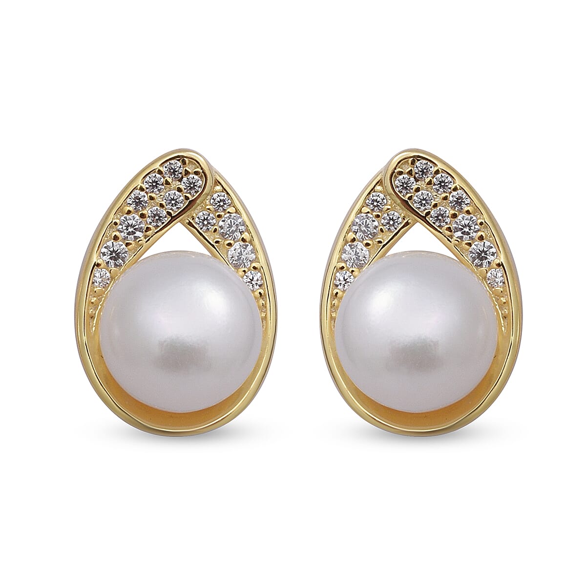 Freshwater Pearl and Simulated Diamond Stud Earrings (with Push Back) in Yellow Gold Overlay Sterling Silver