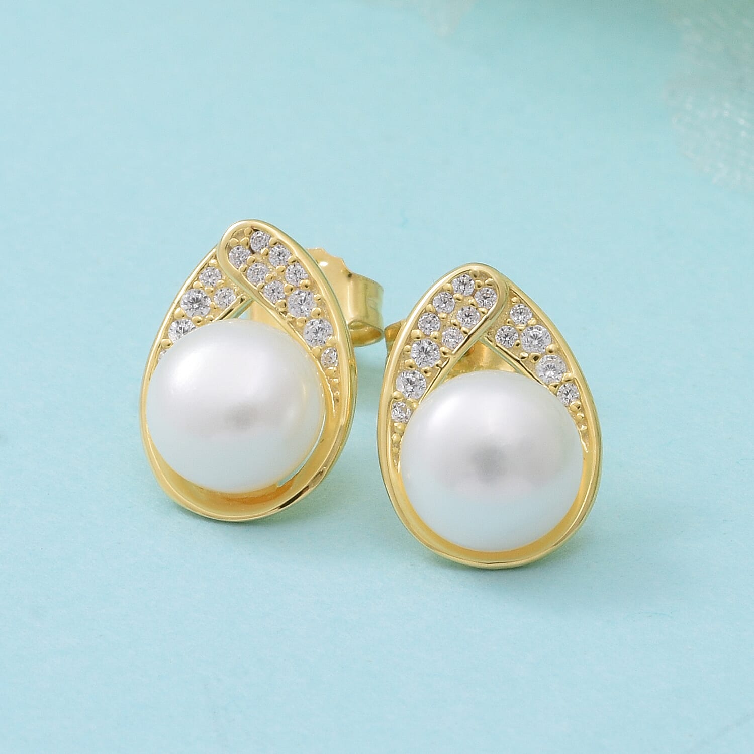 Freshwater Pearl and Simulated Diamond Stud Earrings (with Push Back) in Yellow Gold Overlay Sterling Silver