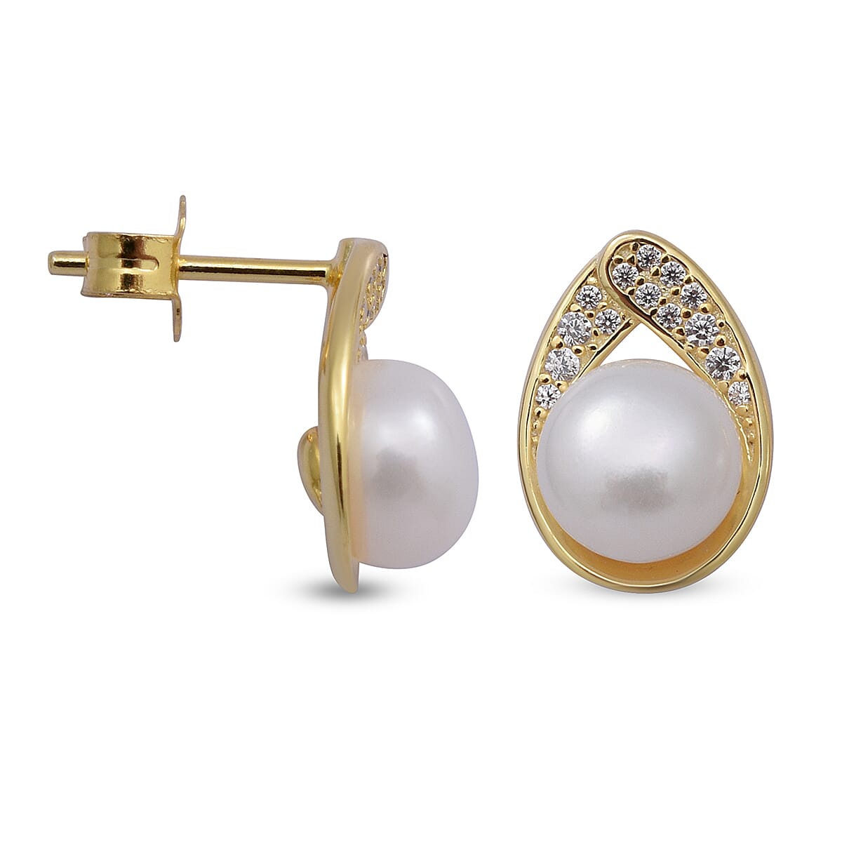 Freshwater Pearl and Simulated Diamond Stud Earrings (with Push Back) in Yellow Gold Overlay Sterling Silver