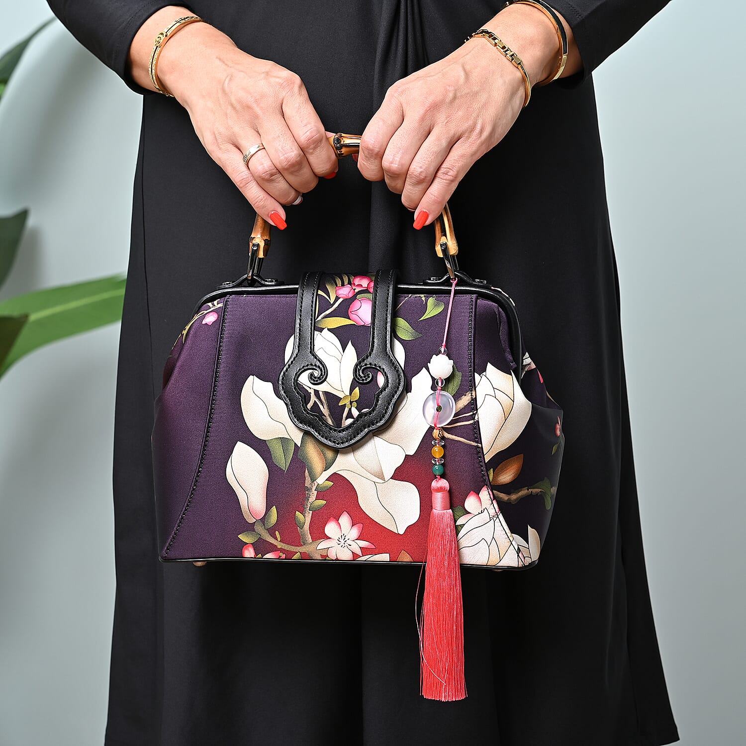 Silk & Leather Magnolia Pattern Bag with Handle Drop and Adjustable Shoulder Strap (Size 28x20x11cm) - Dark Purple