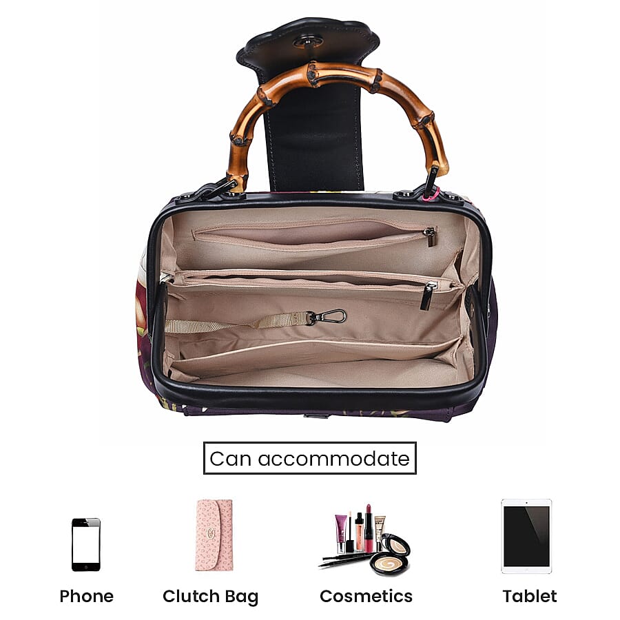 Silk & Leather Magnolia Pattern Bag with Handle Drop and Adjustable Shoulder Strap (Size 28x20x11cm) - Dark Purple