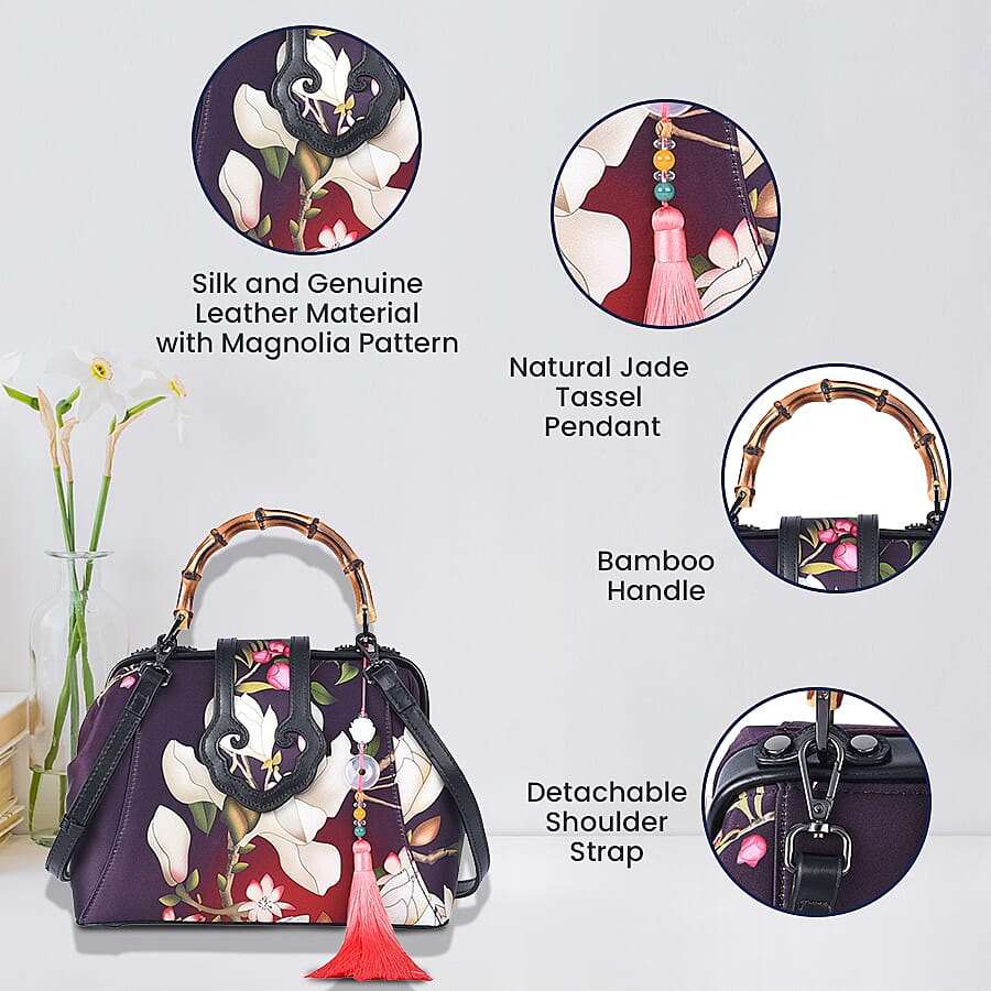 Silk & Leather Magnolia Pattern Bag with Handle Drop and Adjustable Shoulder Strap (Size 28x20x11cm) - Dark Purple