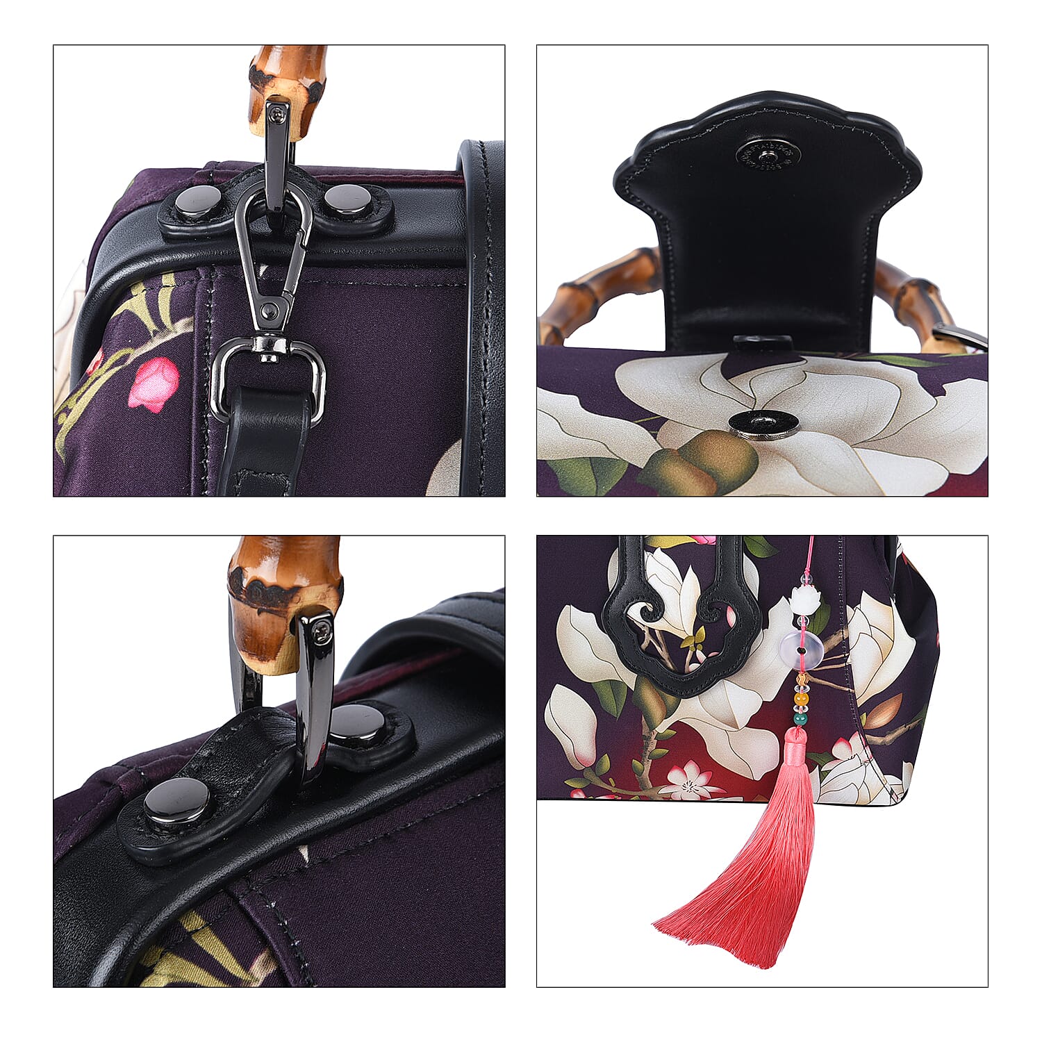 Silk & Leather Magnolia Pattern Bag with Handle Drop and Adjustable Shoulder Strap (Size 28x20x11cm) - Dark Purple