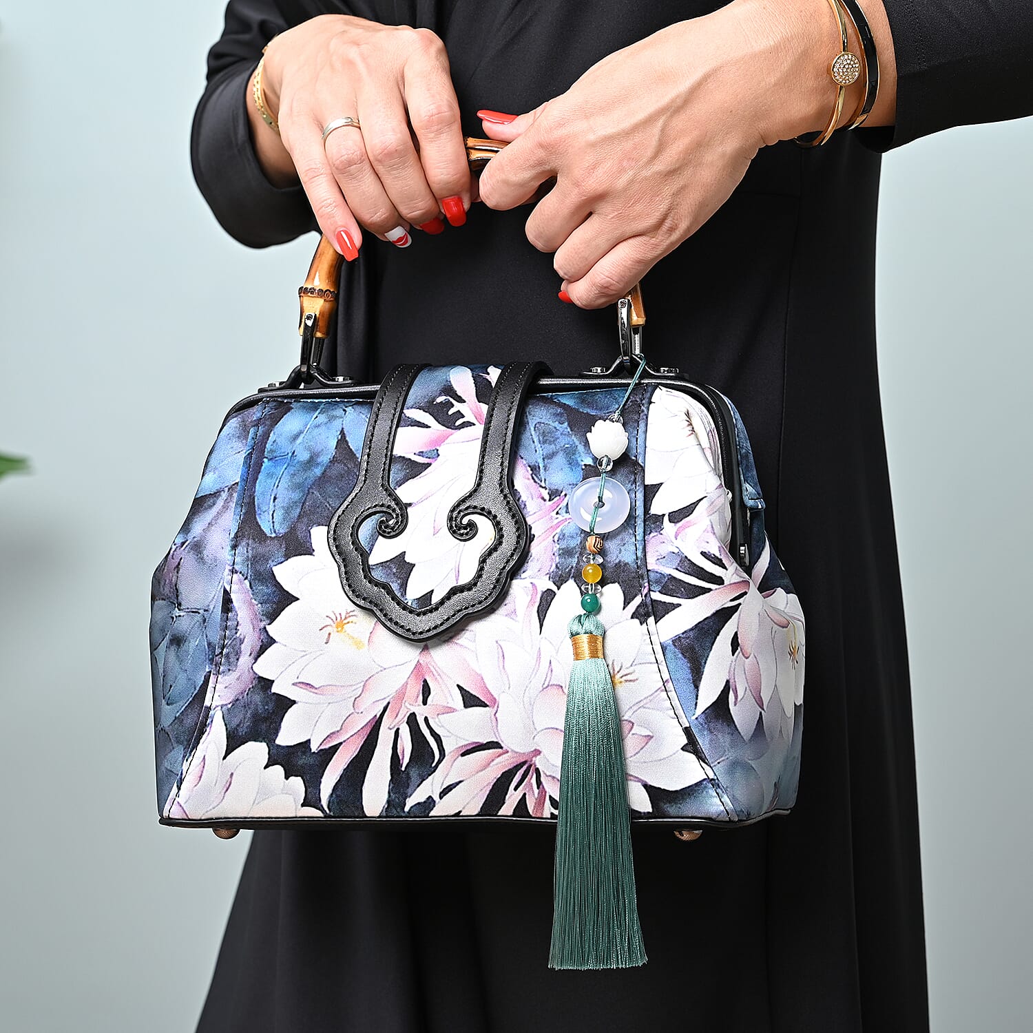 Silk & Leather Lotus Pattern Bag with  Handle Drop and Adjustable Shoulder Strap (Size 28x20x11cm) - Blue