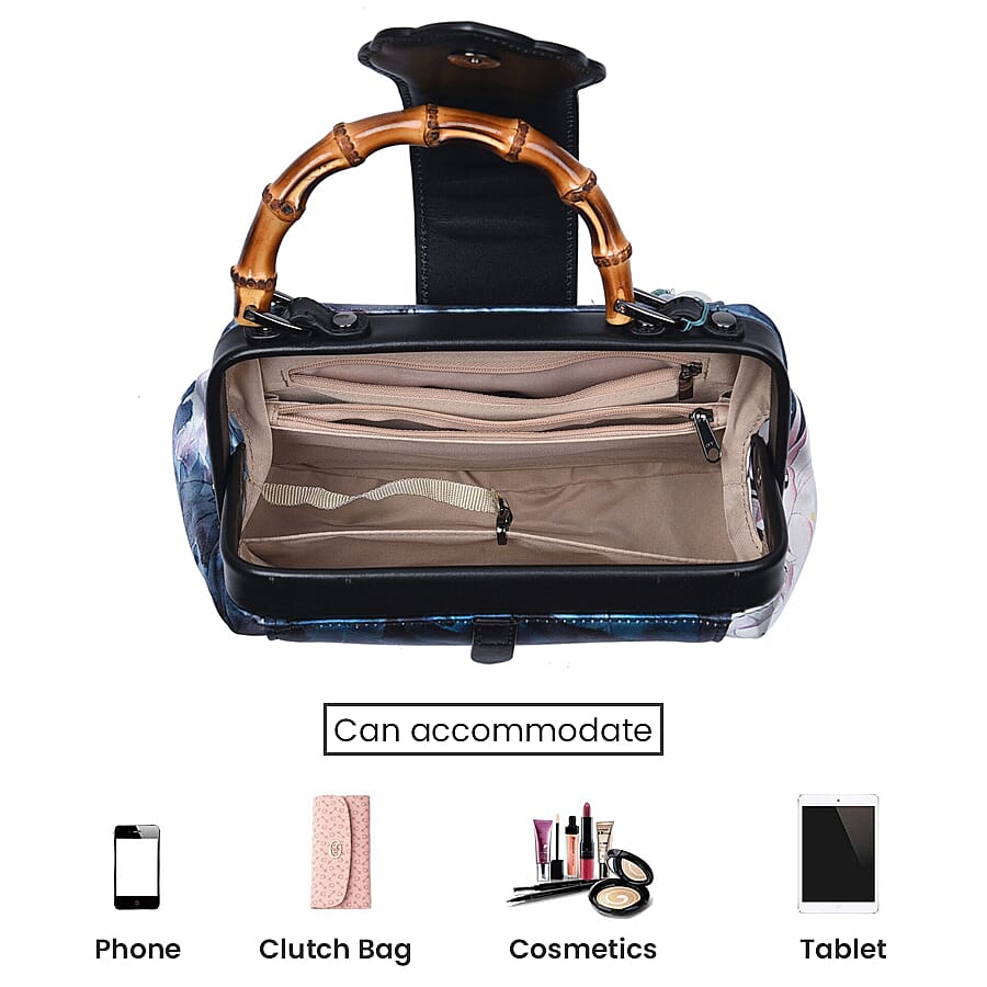 Silk & Leather Lotus Pattern Bag with  Handle Drop and Adjustable Shoulder Strap (Size 28x20x11cm) - Blue