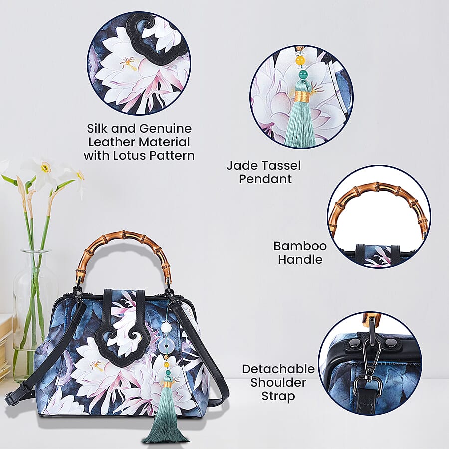 Silk & Leather Lotus Pattern Bag with  Handle Drop and Adjustable Shoulder Strap (Size 28x20x11cm) - Blue