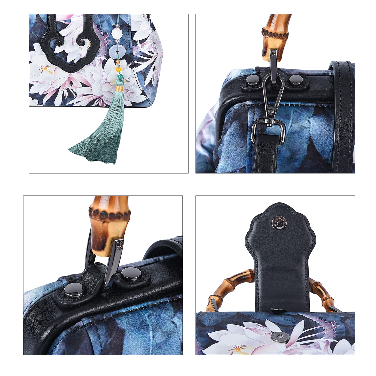 Silk & Leather Lotus Pattern Bag with  Handle Drop and Adjustable Shoulder Strap (Size 28x20x11cm) - Blue