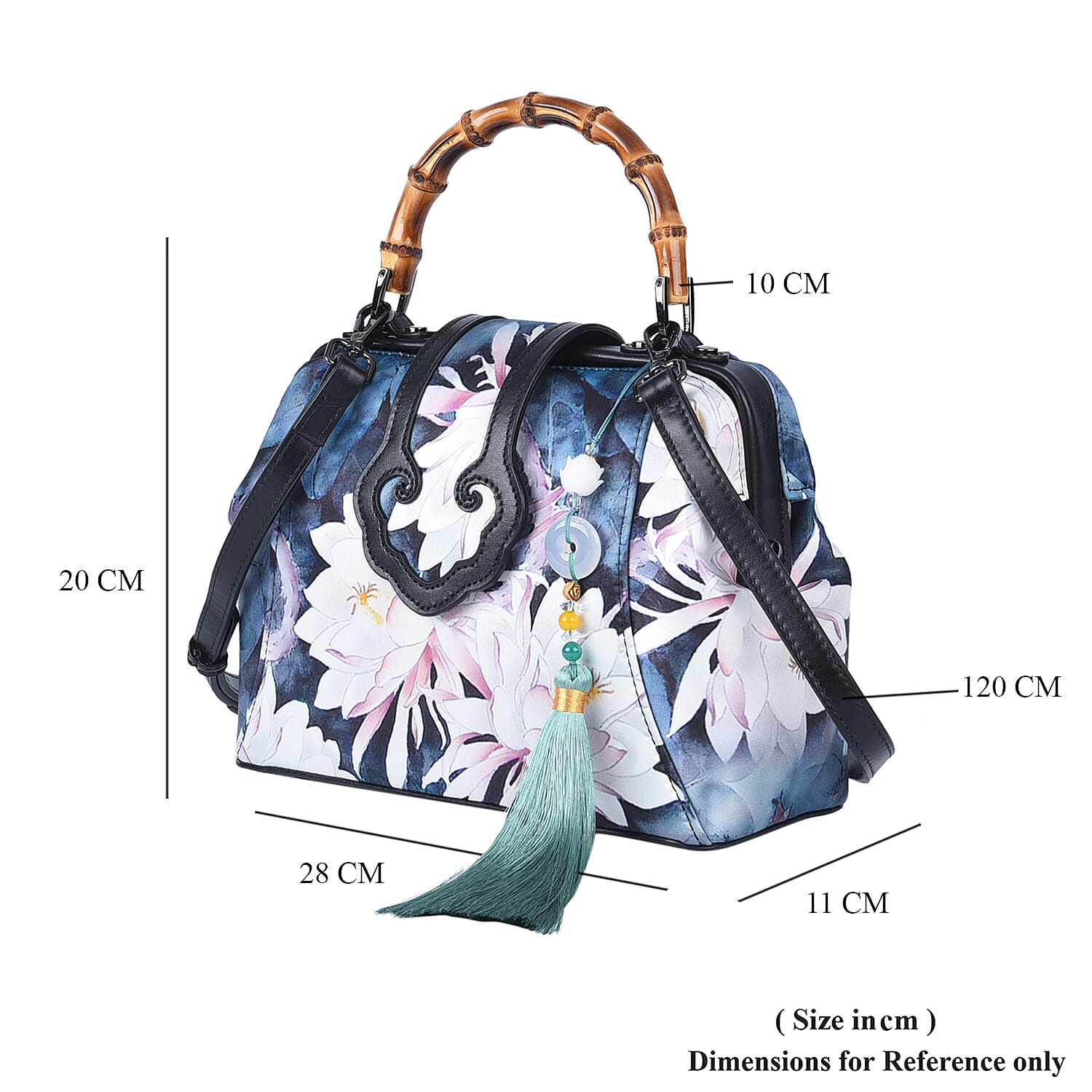 Silk & Leather Lotus Pattern Bag with  Handle Drop and Adjustable Shoulder Strap (Size 28x20x11cm) - Blue