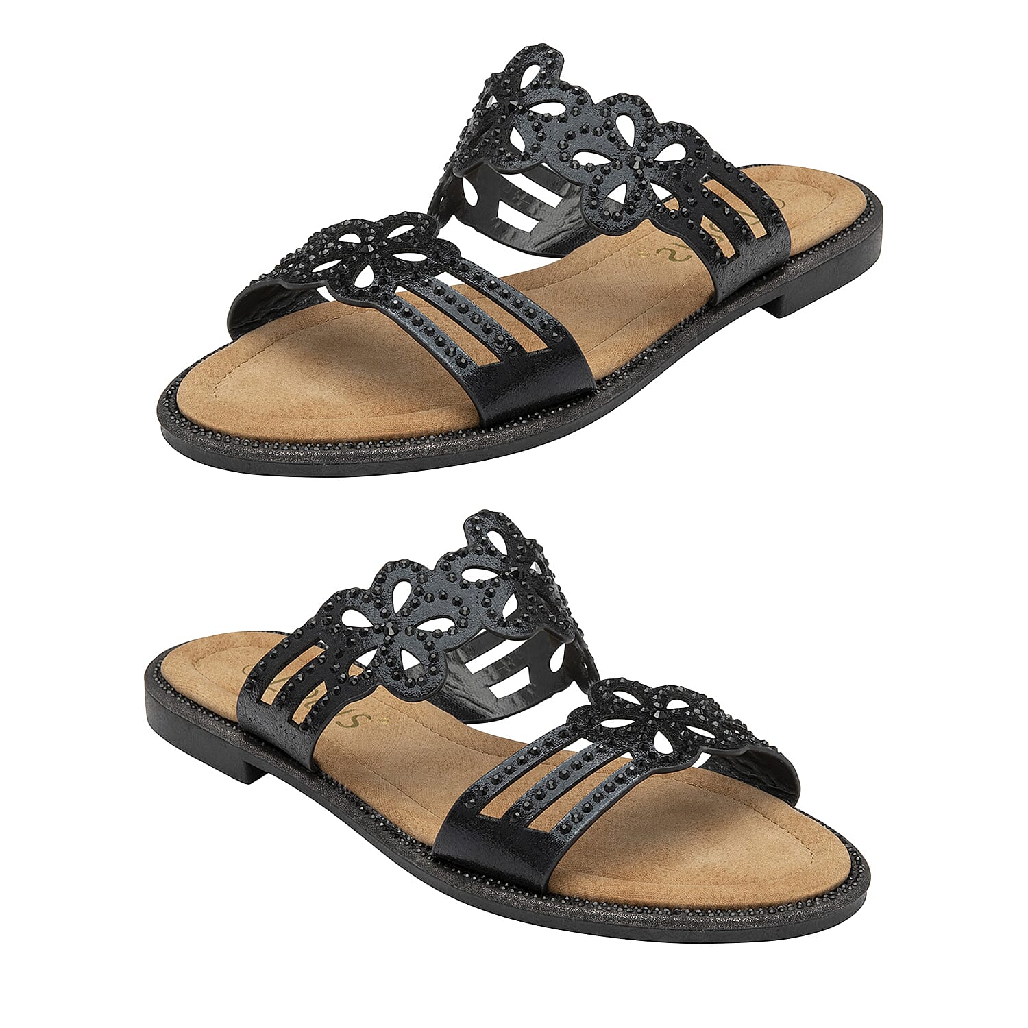 Lotus Aura Diamante Flat Sandals (Size 3) - Black