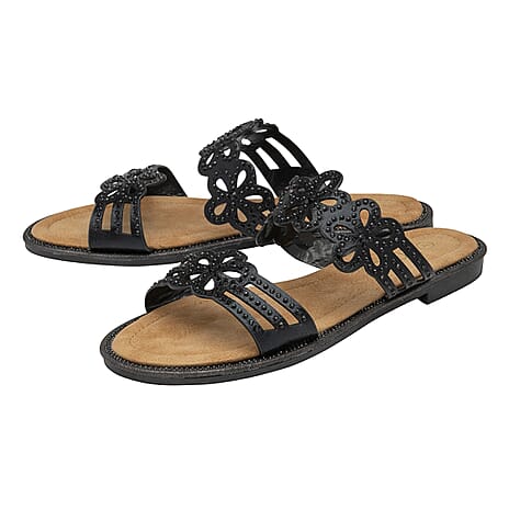 Lotus Aura Diamante Flat Sandals (Size 5) - Black