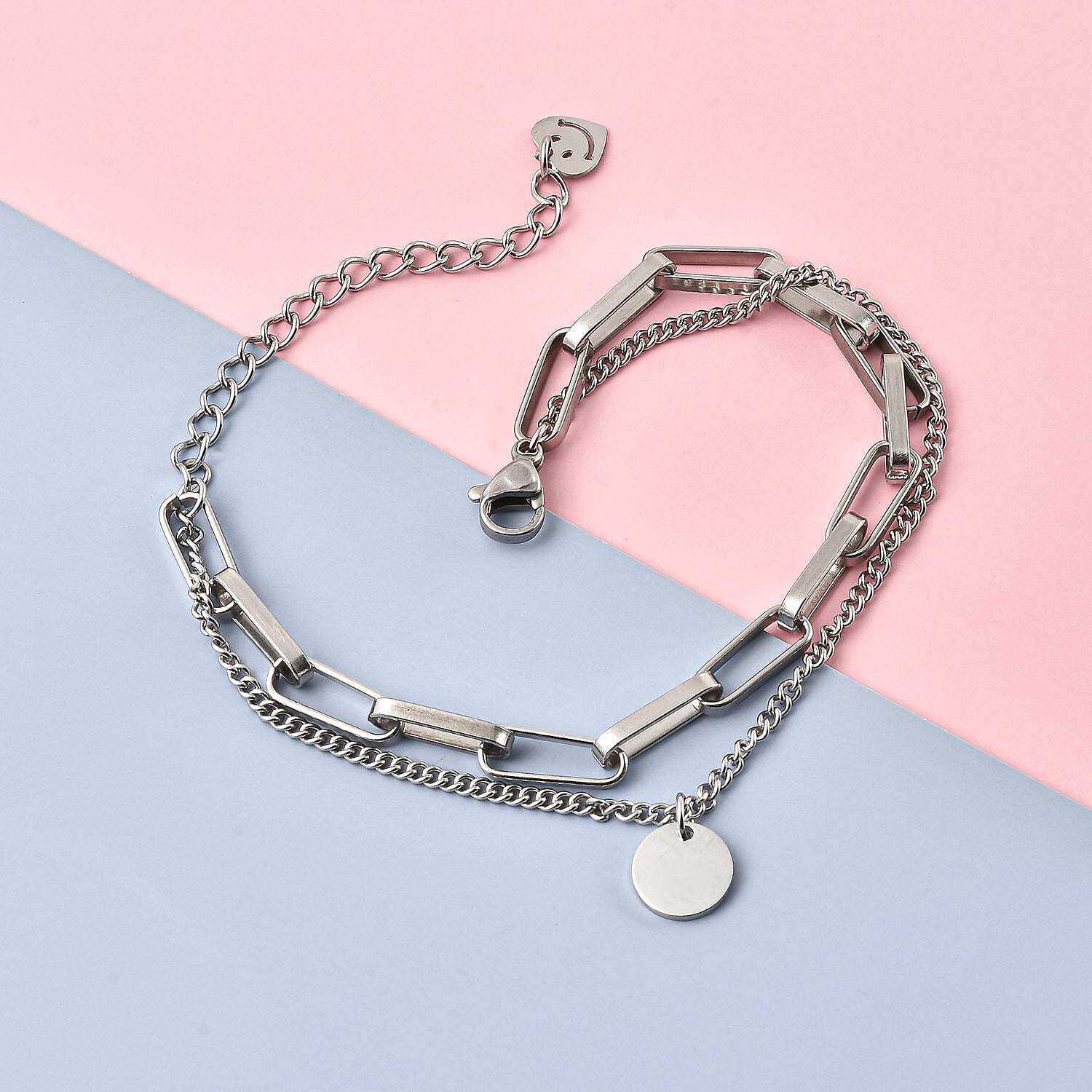 Paperclip Bracelet (Size - 6 With 2 Inch Extender) in Stainless Steel With Silver Tone