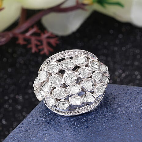 GP Polki Diamond Ring in Platinum Overlay Sterling Silver 1.02 Ct, Silver Wt. 9.95 Gms