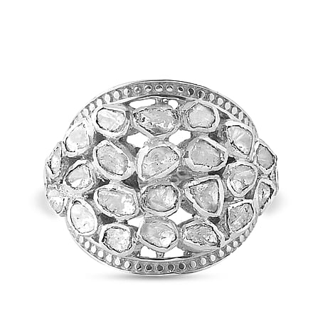 GP Polki Diamond Ring in Platinum Overlay Sterling Silver 1.02 Ct, Silver Wt. 9.95 Gms