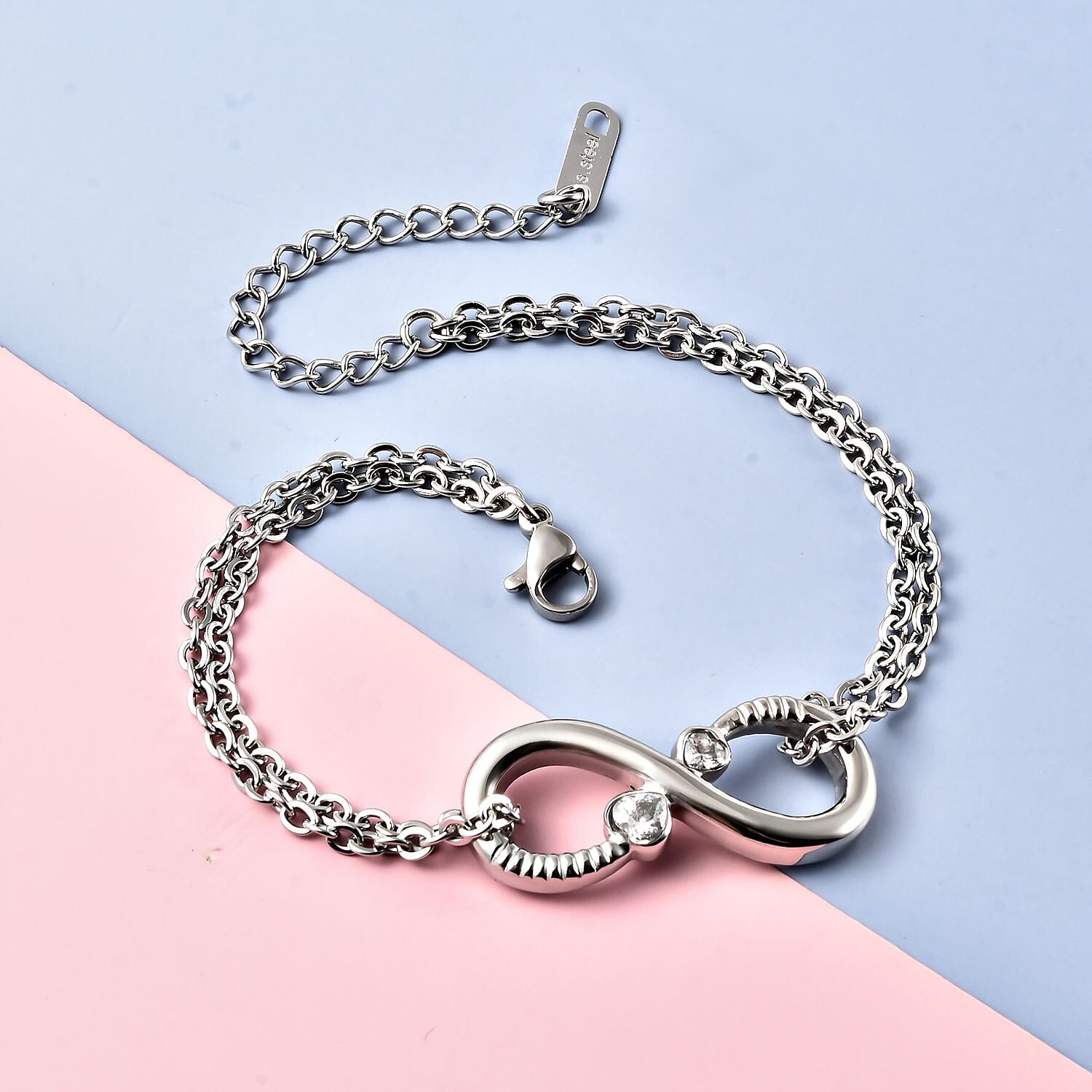 Simulated Diamond Infinity Bracelet (Size - 7 With 2 Inch Extender) in Stainless Steel