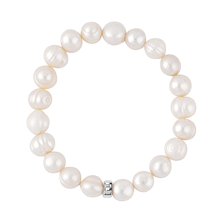White Freshwater Pearl Stretchable Bracelet Size 7 in Sterling Silver