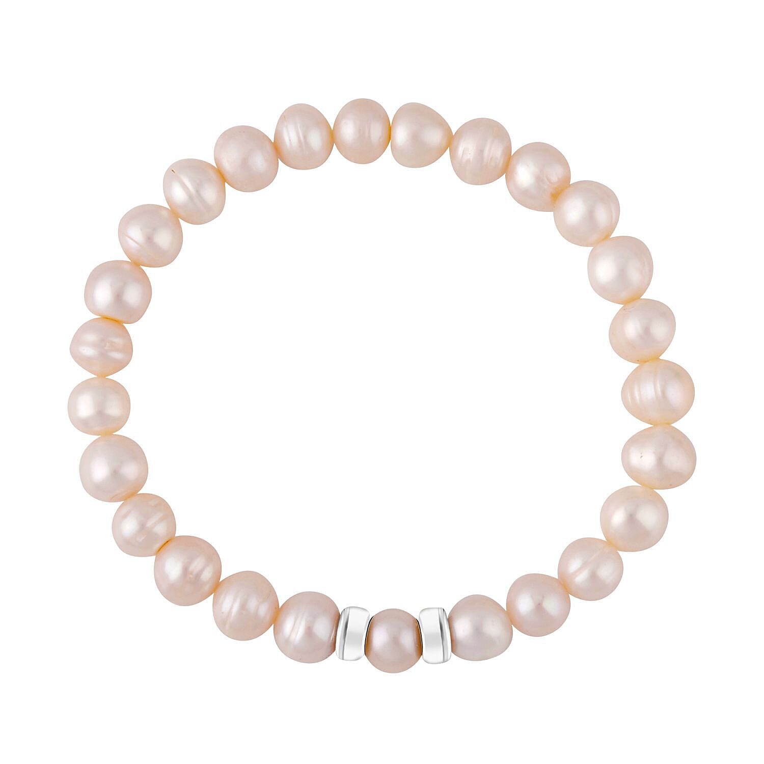 White Freshwater Pearl Stretchable Bracelet (Size - 7) in Rhodium Overlay Sterling Silver