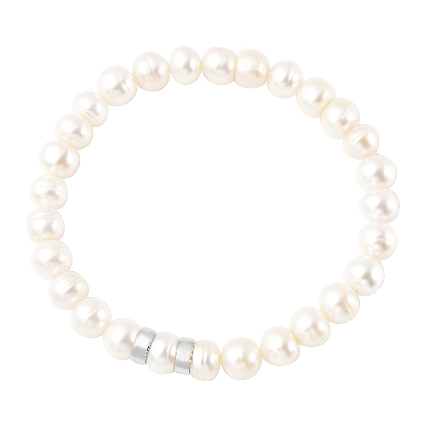 White Freshwater Pearl Stretchable Bracelet (Size - 7) in Rhodium Overlay Sterling Silver