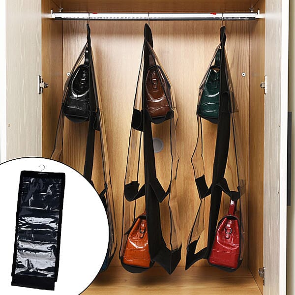 SET OF 3 Hanging Dust Proof Handbag Purse Organiser with 6 Pockets (Size:33x80Cm) - Black