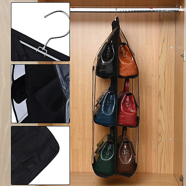 SET OF 3 Hanging Dust Proof Handbag Purse Organiser with 6 Pockets (Size:33x80Cm) - Black