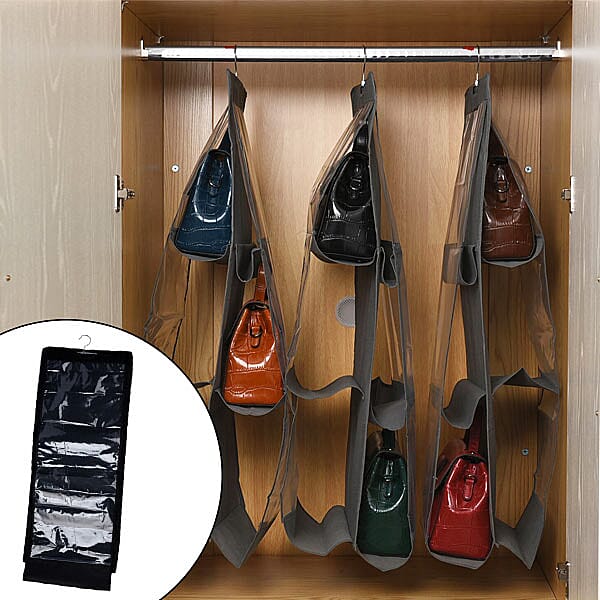 Set of 3 Hanging Dust Proof Handbag Purse Organiser with 6 Pockets (Size:33x80Cm) - Grey