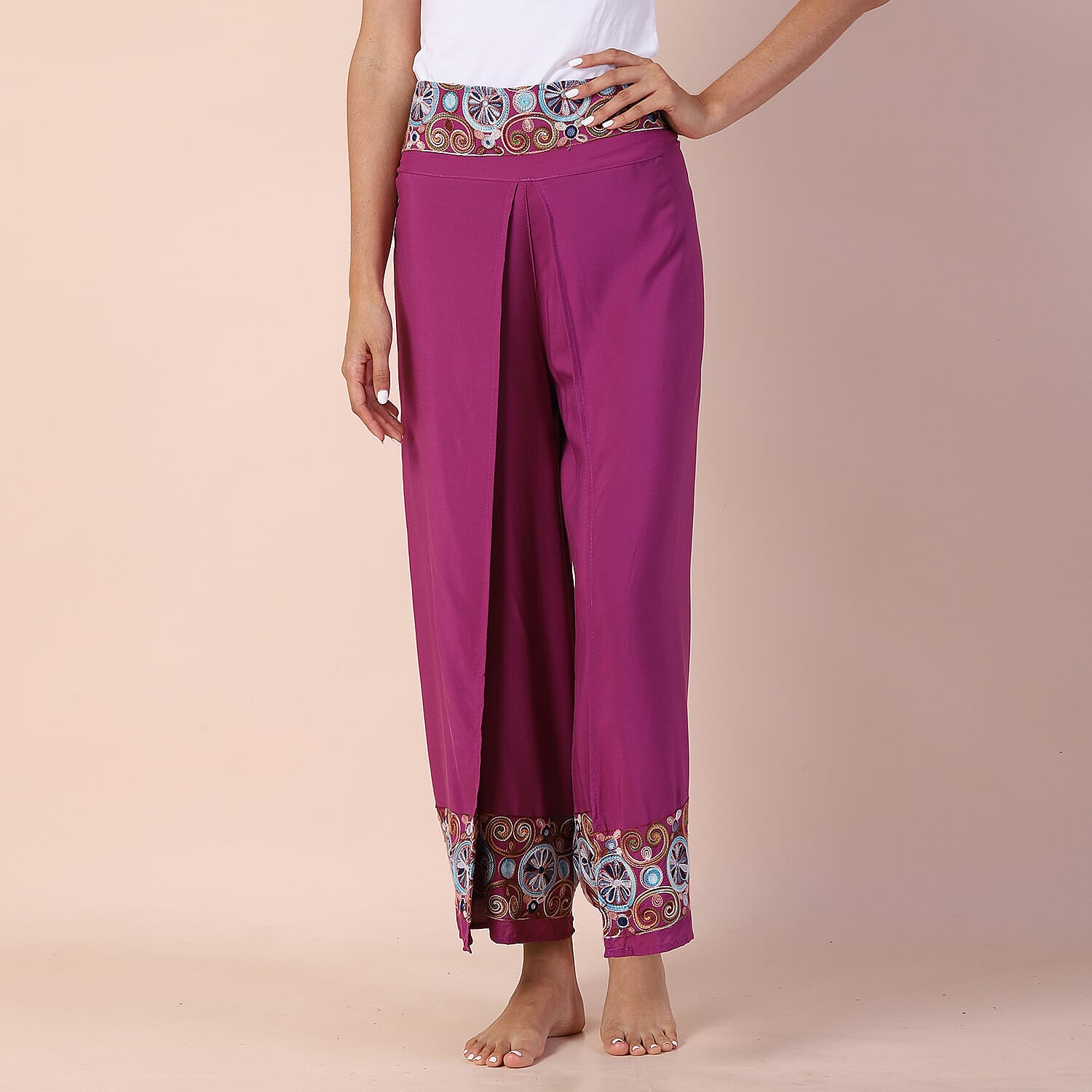 LA MAREY 100% Viscose Embroidery Women Trousers (Size 8-14) - Purple