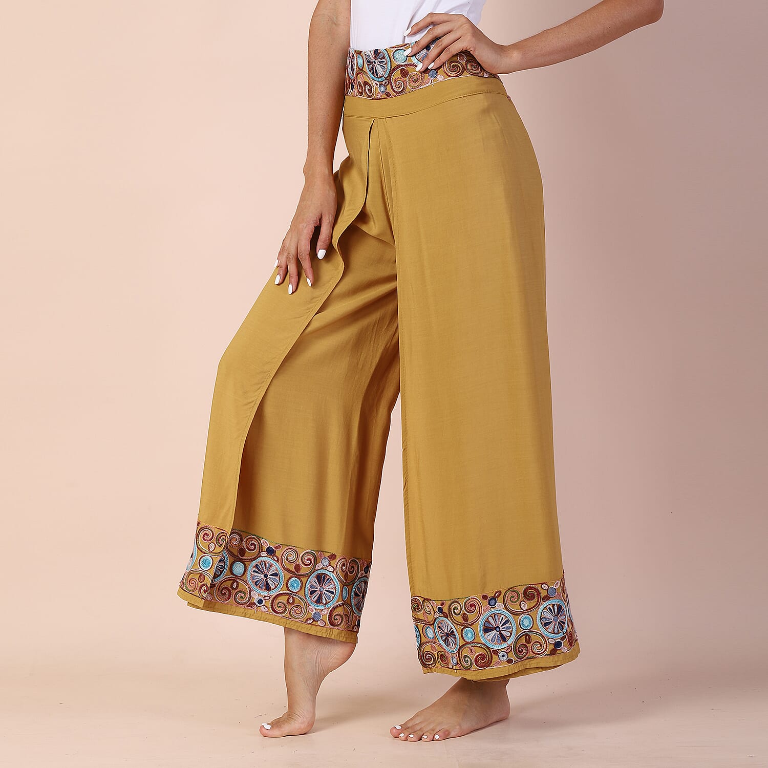 LA MAREY 100% Viscose Embroidery Women Trousers (Size 8-14) - Mustard