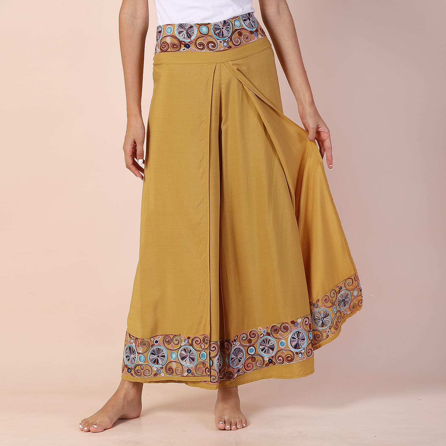 LA MAREY 100% Viscose Embroidery Women Trousers (Size 8-14) - Mustard