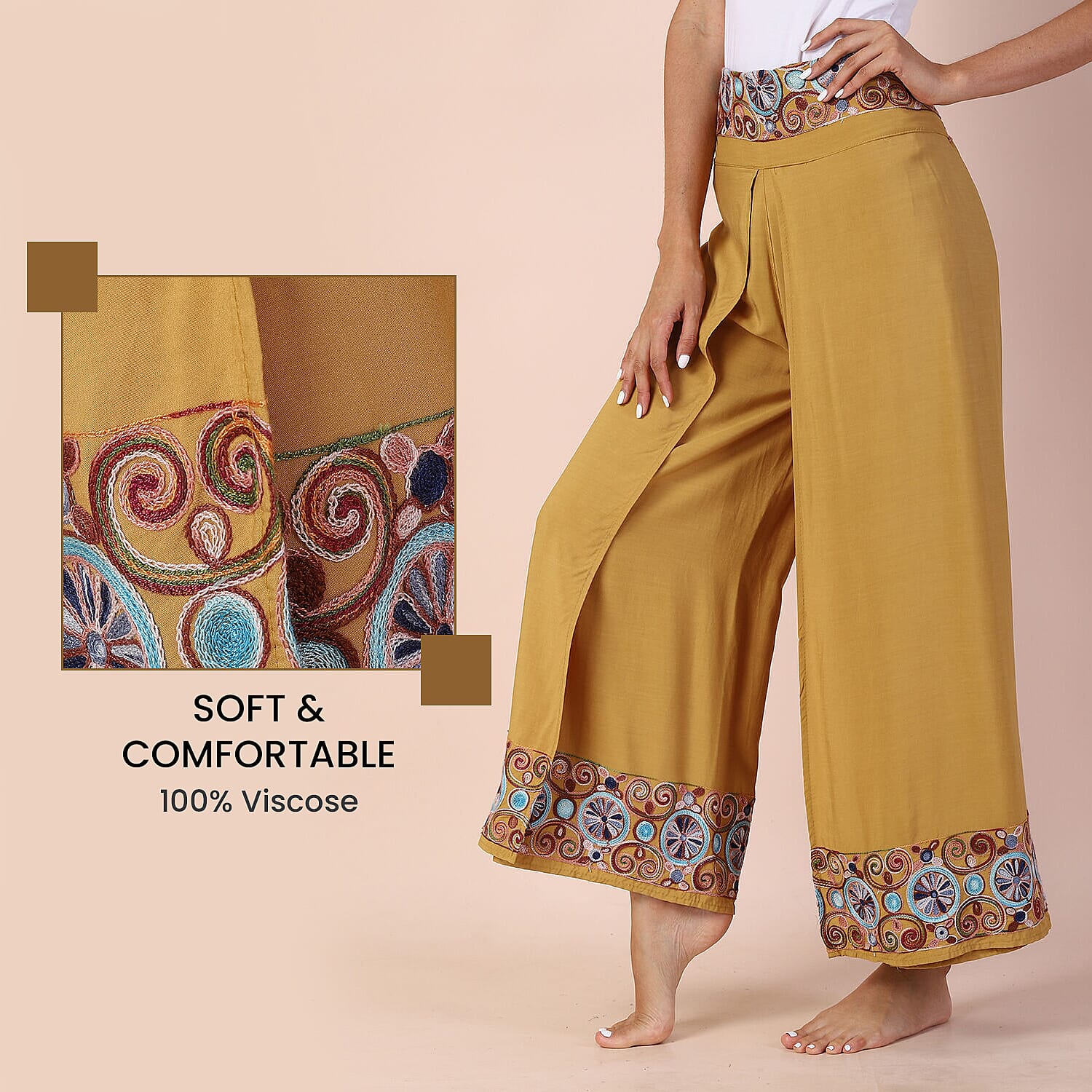 LA MAREY 100% Viscose Embroidery Women Trousers (Size 8-14) - Mustard