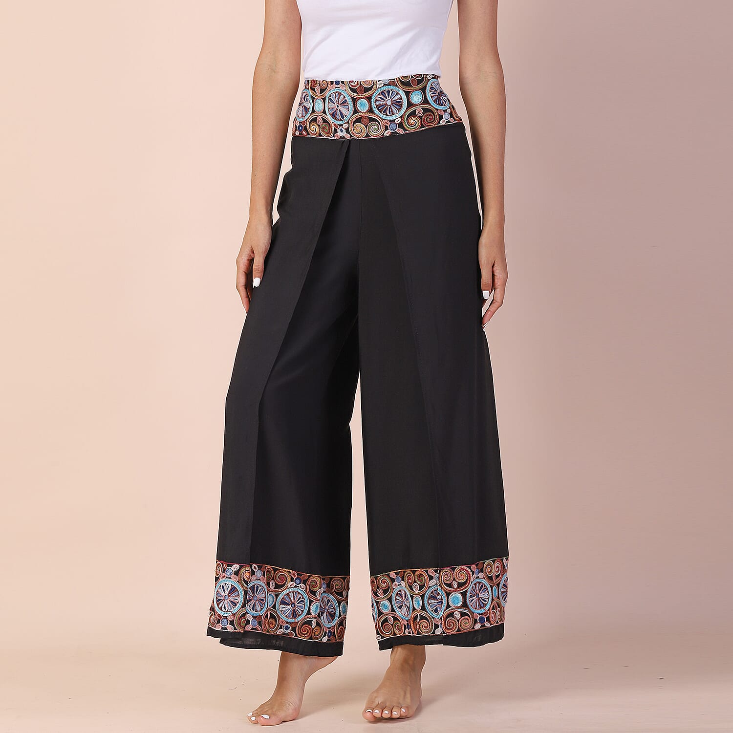 LA MAREY 100% Viscose Embroidery Pattern Women Trousers (Size 14-16) - Black